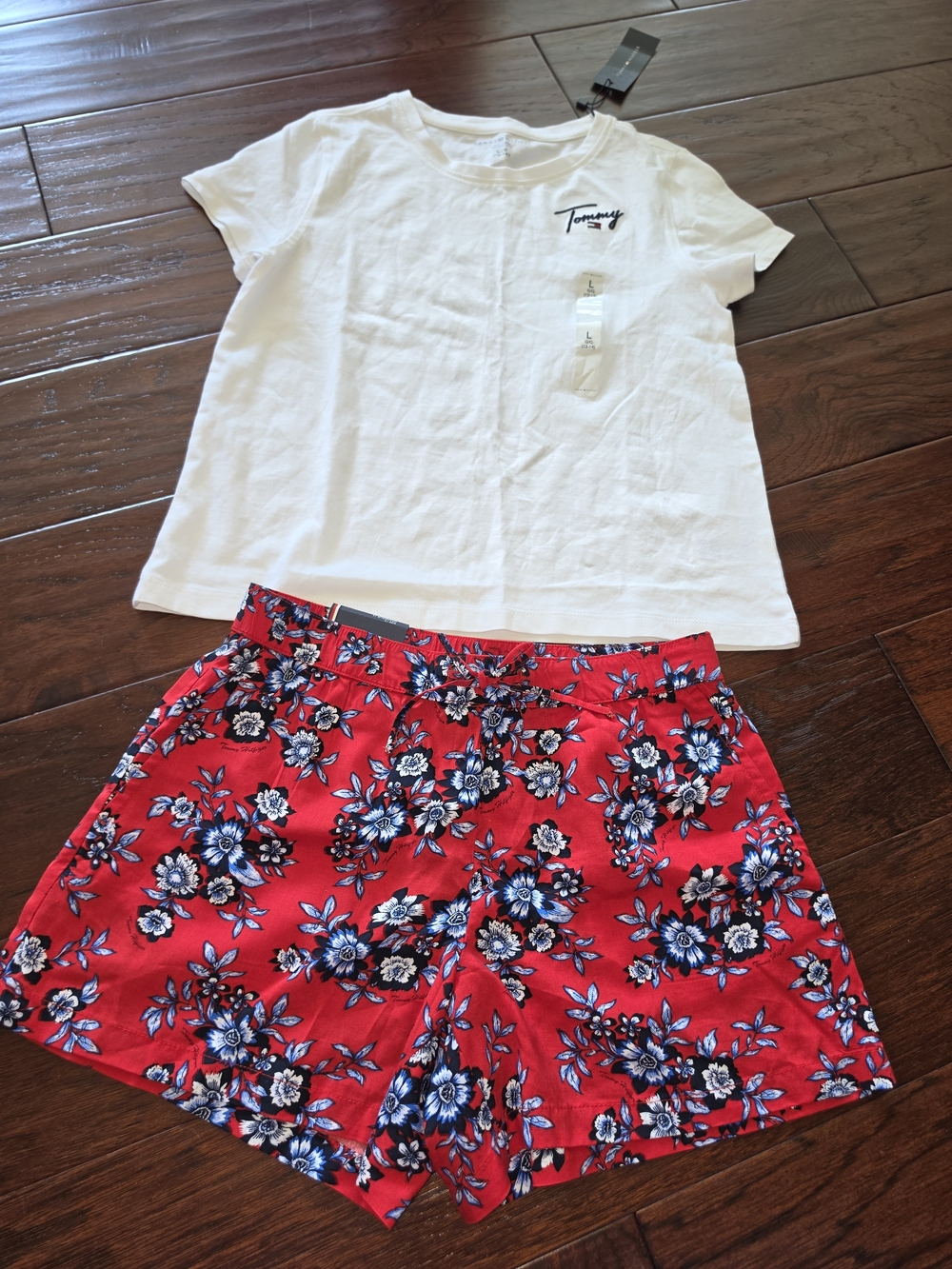 Tommy Hilfiger White Tee and Red Floral Girls Shorts Set